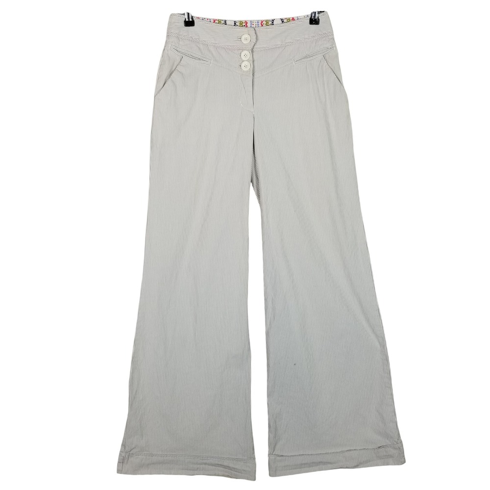 Elevenses Wide Leg Pants Womens 4 Grey White Pinstripe Triple Button Trousers